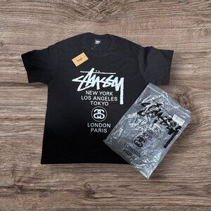Stüssy World Tour Graphic Tee Black NY LA Tokyo London Paris Size Large